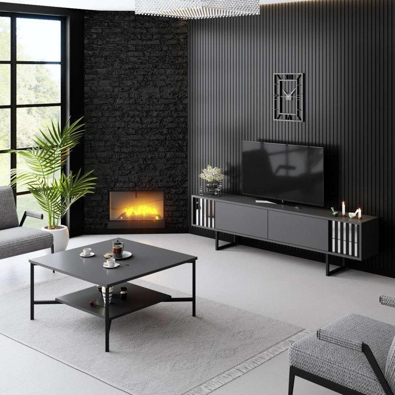 180 cm Gri Melamin Kaplı Endüstriyel Ahşap TV Ünitesi Metal Ayaklı - 79420