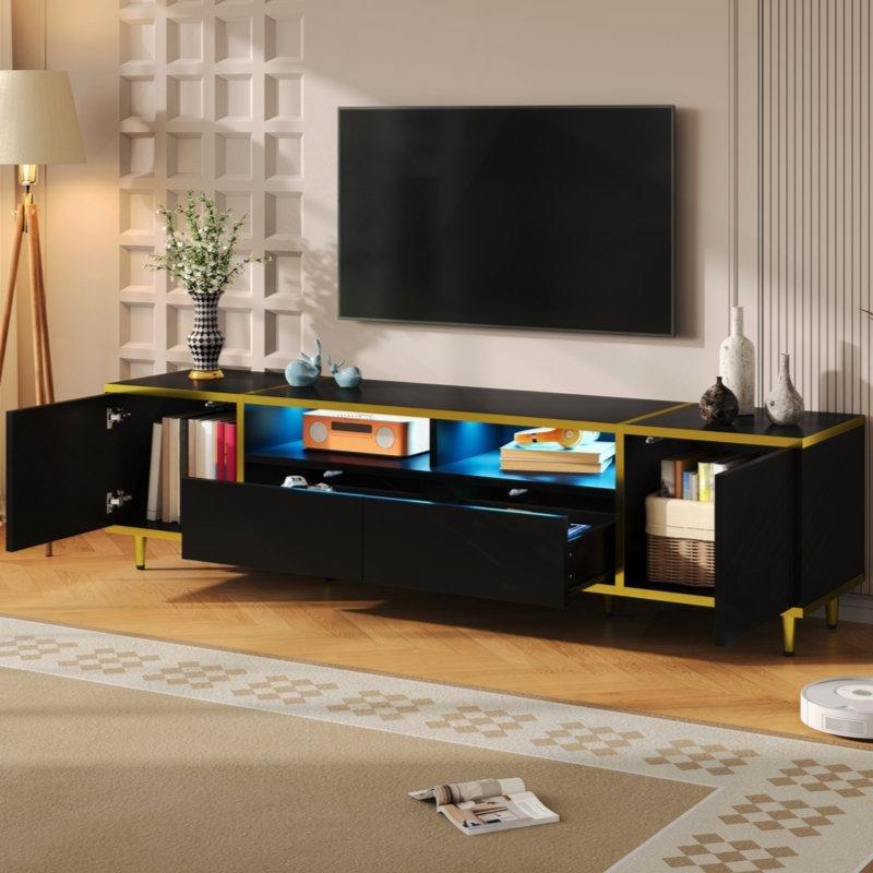 180 cm Siyah Gövde Altın Çerçeveli LED Işıklı TV Ünitesi - 79384