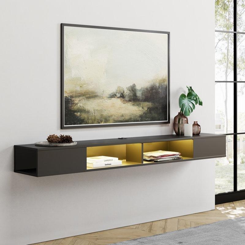 70 inç Endüstriyel Ahşap Beyaz Duvara Monte TV Ünitesi Renkli LED Işıklı 178x30x18 cm - 78517