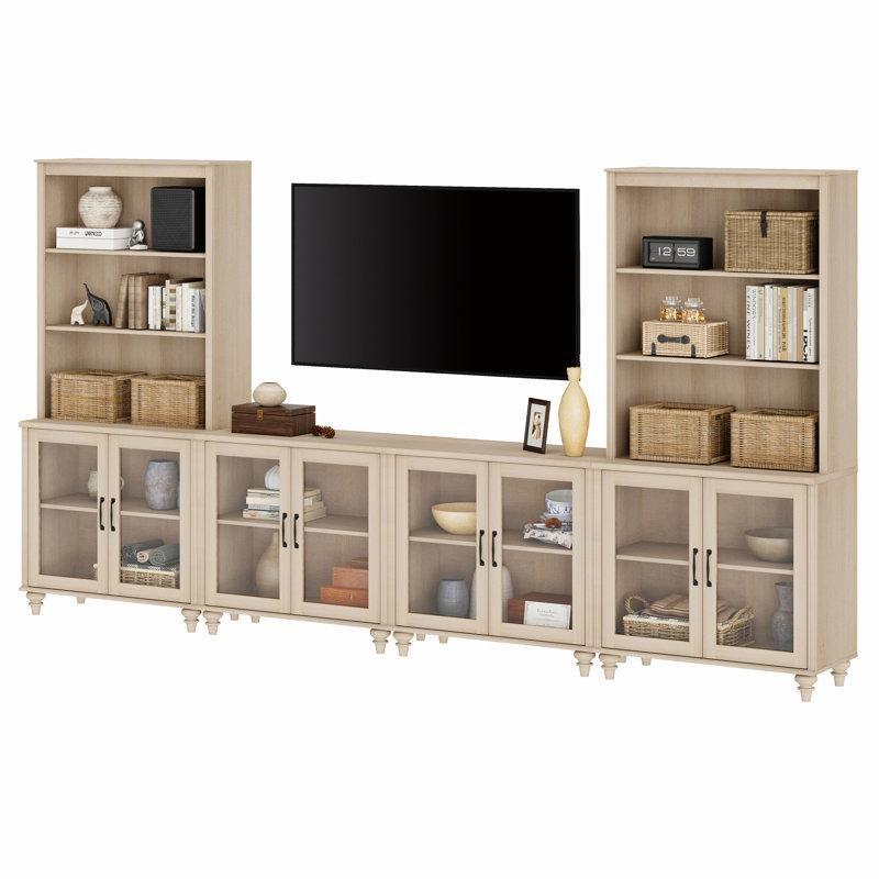 Açık Bej Renkli Geniş Kitaplıklı Modern TV Ünitesi 340 cm