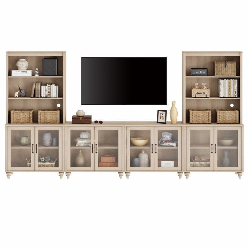 Açık Bej Renkli Geniş Kitaplıklı Modern TV Ünitesi 340 cm