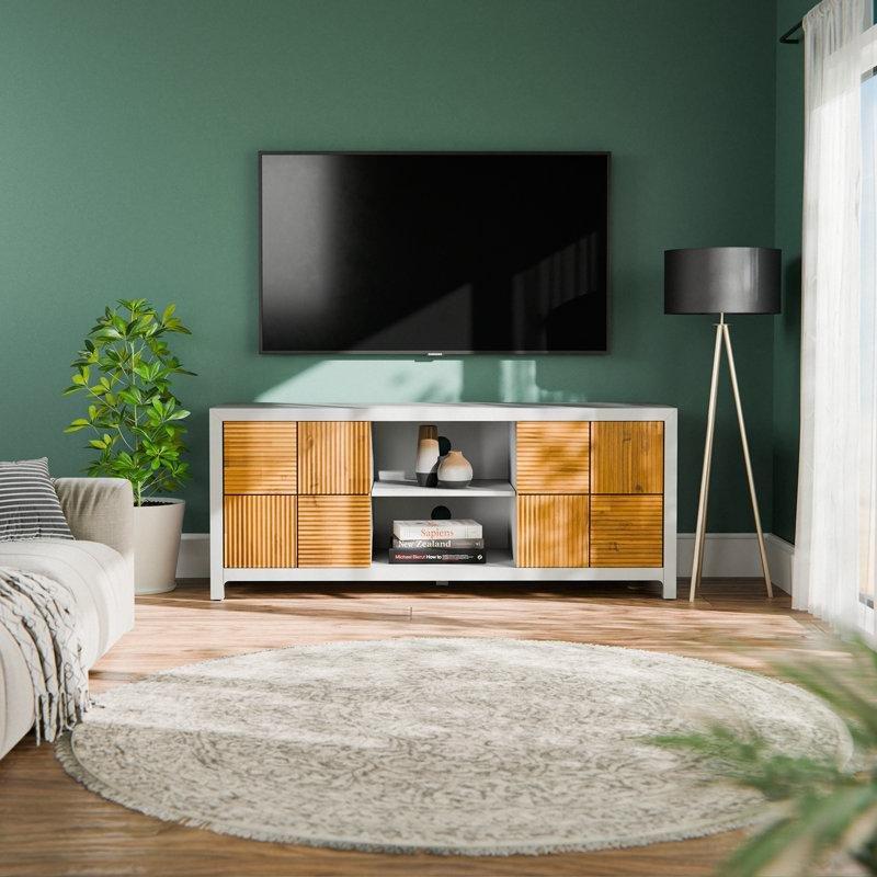 Açık Ceviz Detaylı Beyaz Masif Ahşap TV Ünitesi 147x45x60 cm - 80323