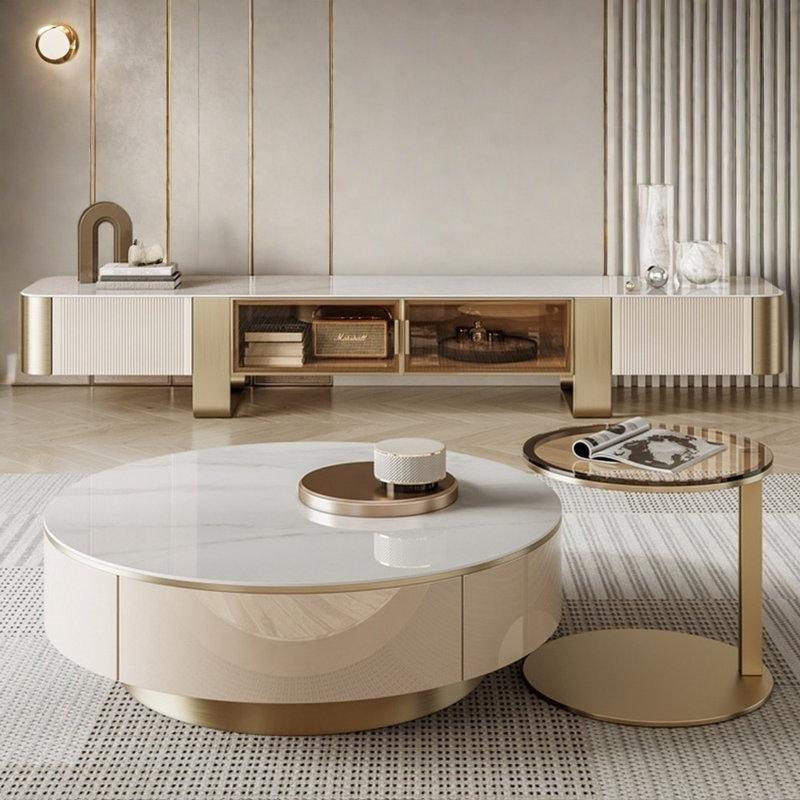 Açık Krem Sintered Stone Üst Yüzeyli Metal Ayaklı TV Ünitesi ve Orta Sehpa Takımı - 79555