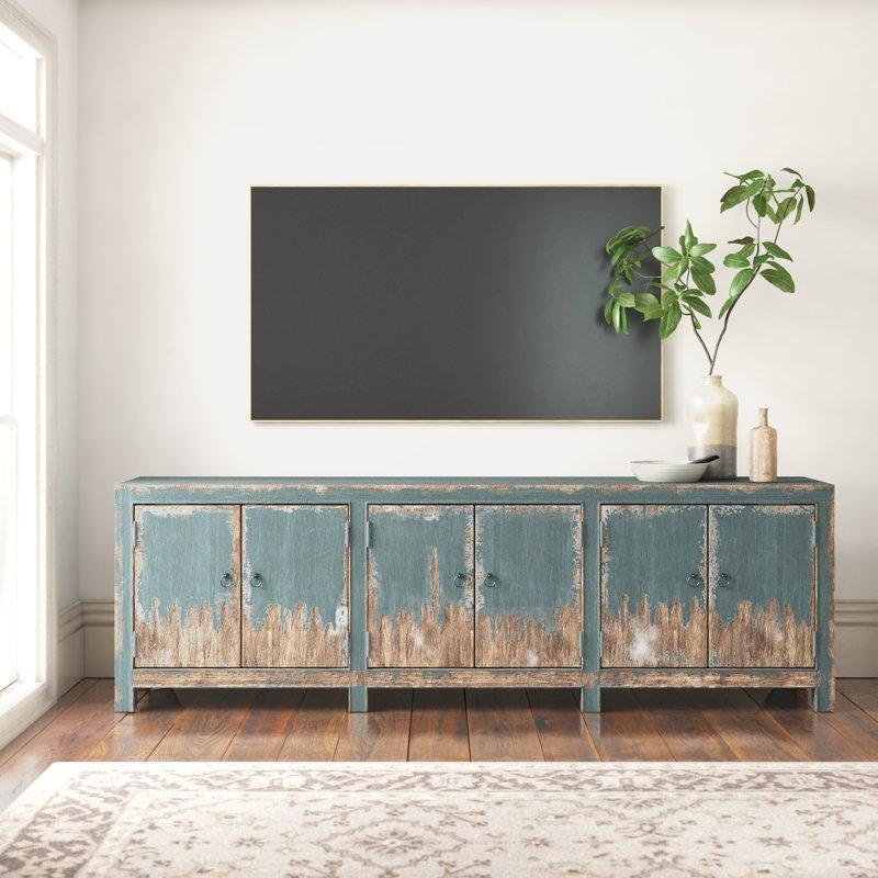 Açık Mavi Eskitme Görünümlü Masif Ahşap Rustik TV Ünitesi 226x47x71 cm - 79168