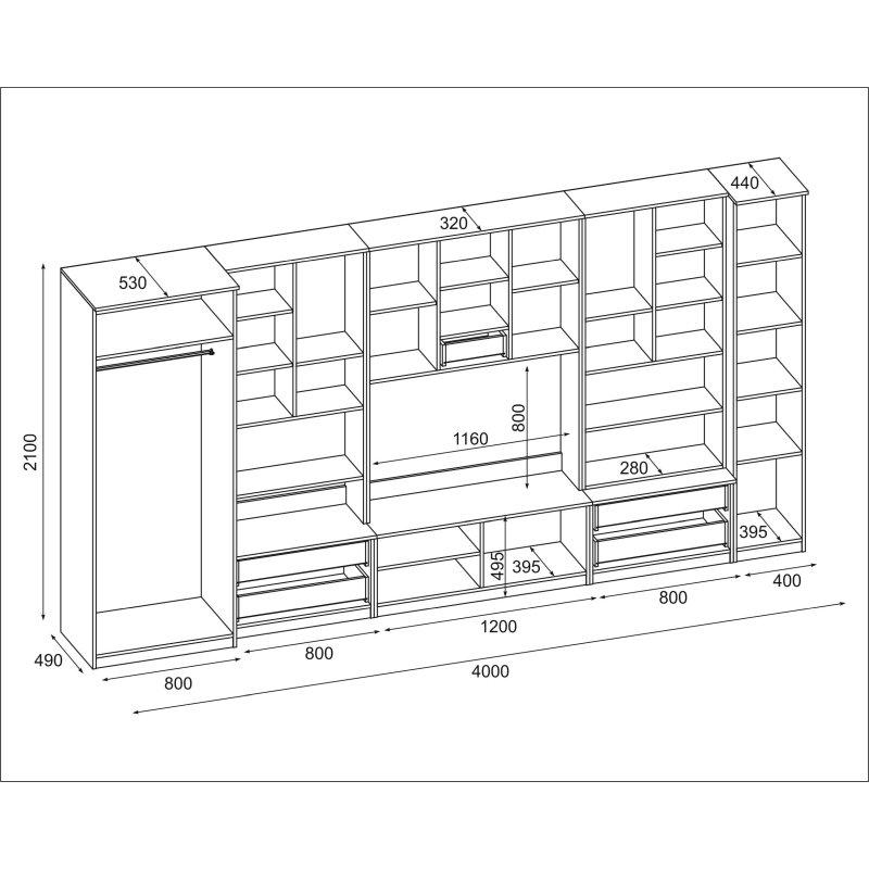 Açık Meşe Desenli Modüler TV Ünitesi 220x180 cm