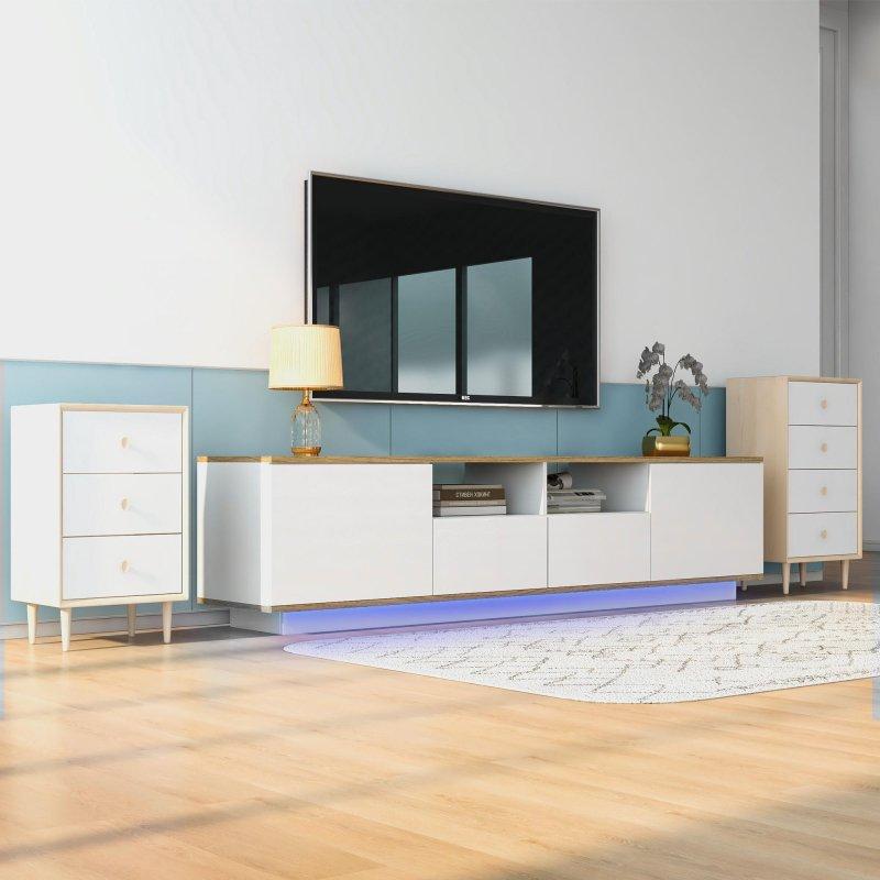 Ahşap Detaylı Beyaz 180 cm TV Sehpası