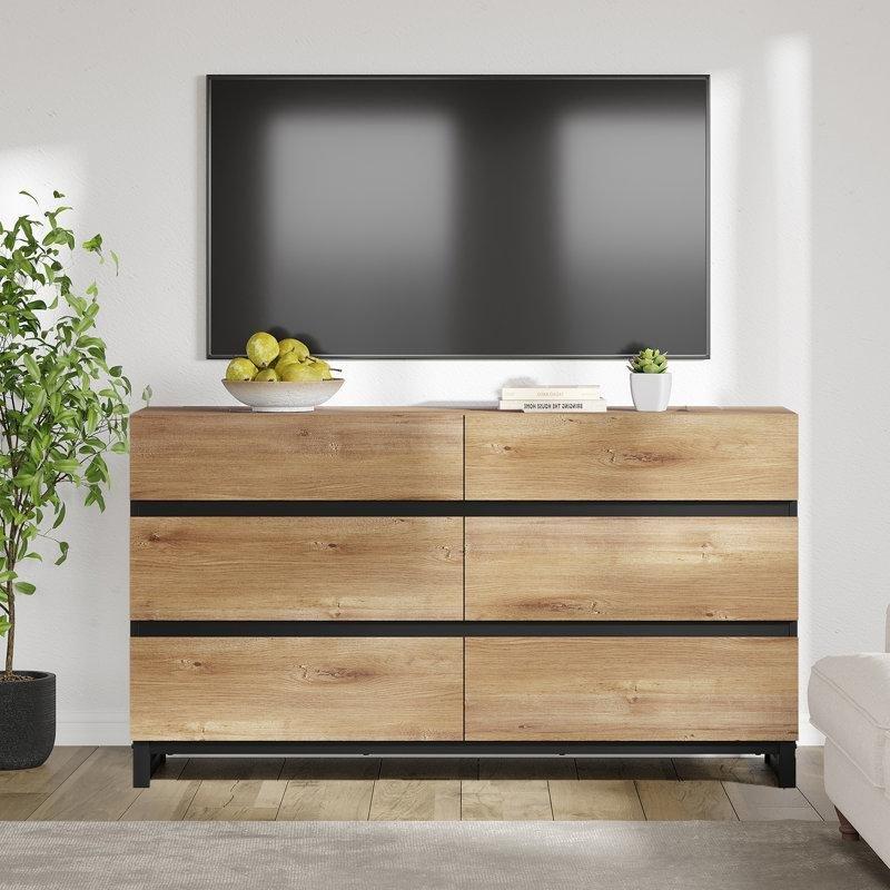 Altı Çekmeceli Meşe Renkli Mini TV Ünitesi Metal Ayaklı - 80161