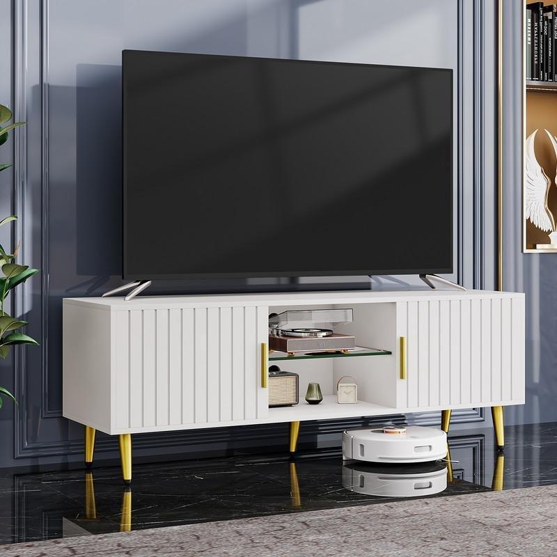 Altın Ayaklı Beyaz LEDli Modern TV Sehpası 140 cm