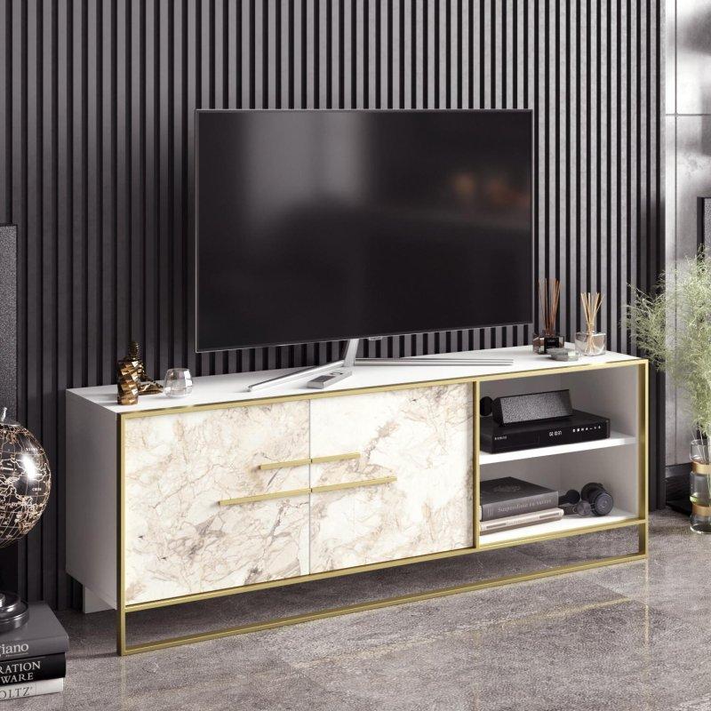 Altın Çerçeveli Mermer Desenli 160 cm TV Sehpası