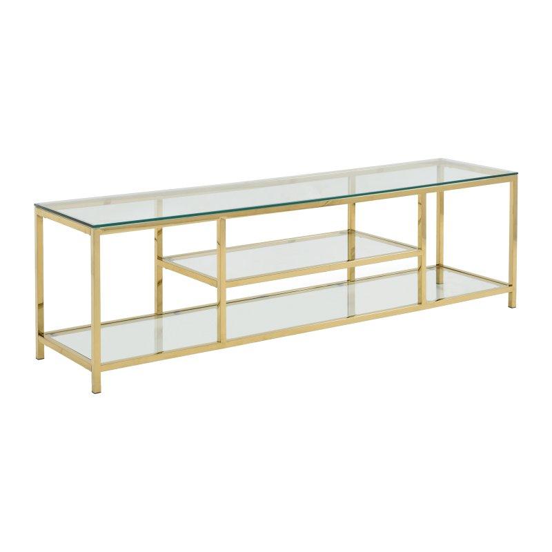 Altın Çerçeveli Şeffaf Camlı Modern TV Sehpası 160 cm
