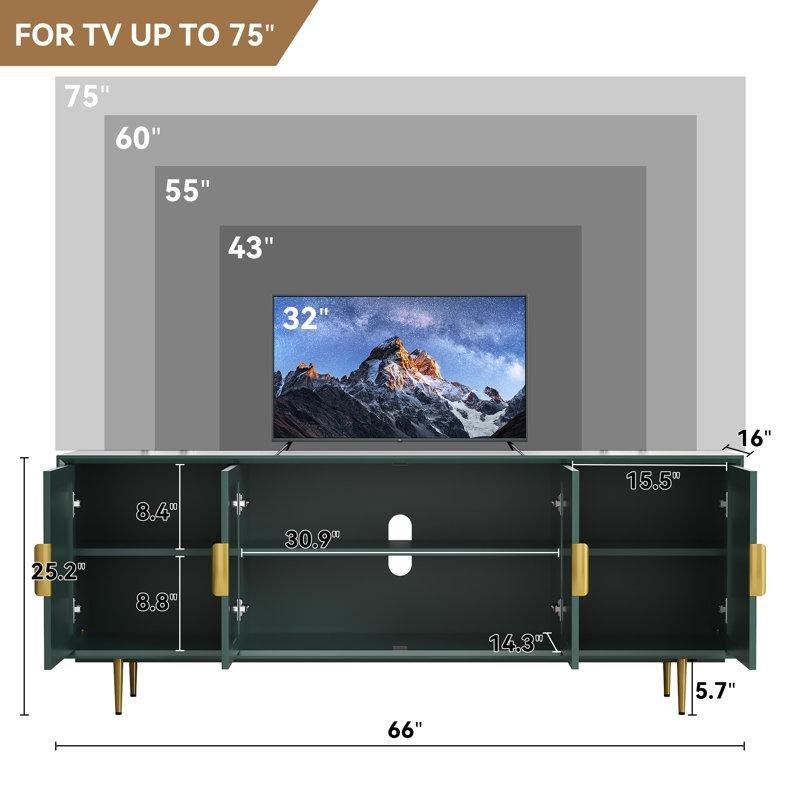 Altın Detaylı Cam Kapaklı Yeşil TV Ünitesi 168x41x64 cm