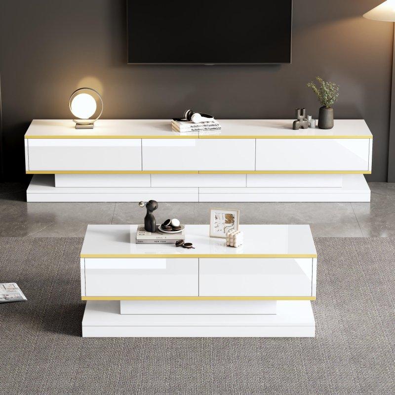 Altın Detaylı Modern Beyaz TV Ünitesi ve Sehpa Takımı 200x100 cm