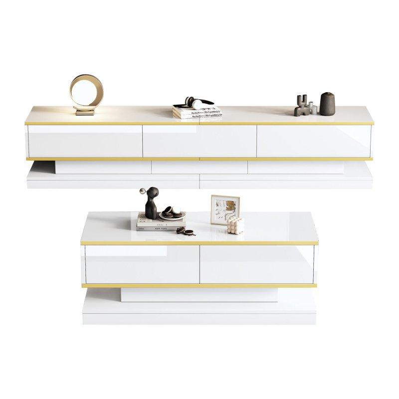 Altın Detaylı Modern Beyaz TV Ünitesi ve Sehpa Takımı 200x100 cm
