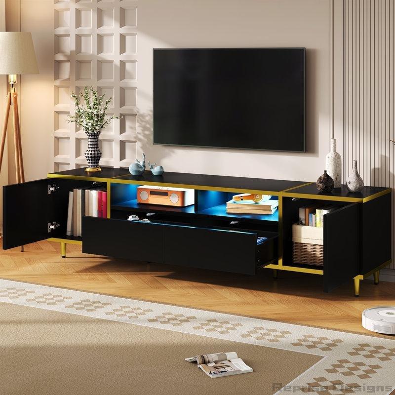 Altın Detaylı Modern TV Ünitesi 180 cm Siyah Ahşap Metal Ayaklı - 79273