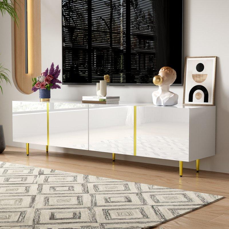 Altın Detaylı Parlak Beyaz 170 cm TV Sehpası
