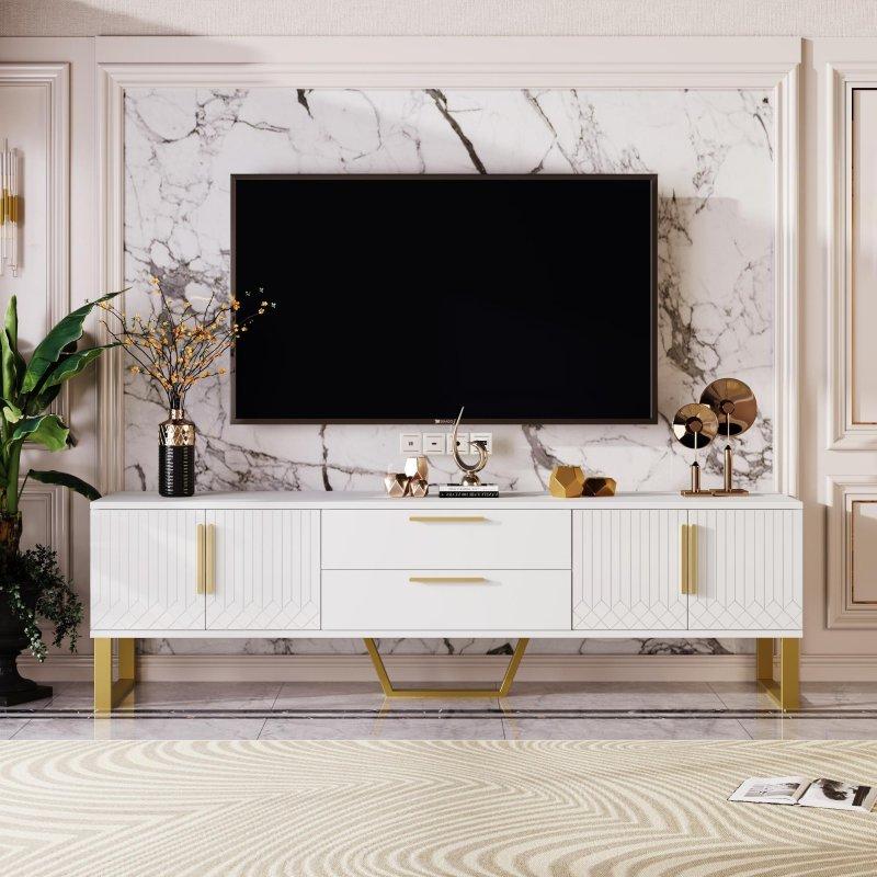 Altın Detaylı Parlak Beyaz TV Sehpası 170 cm