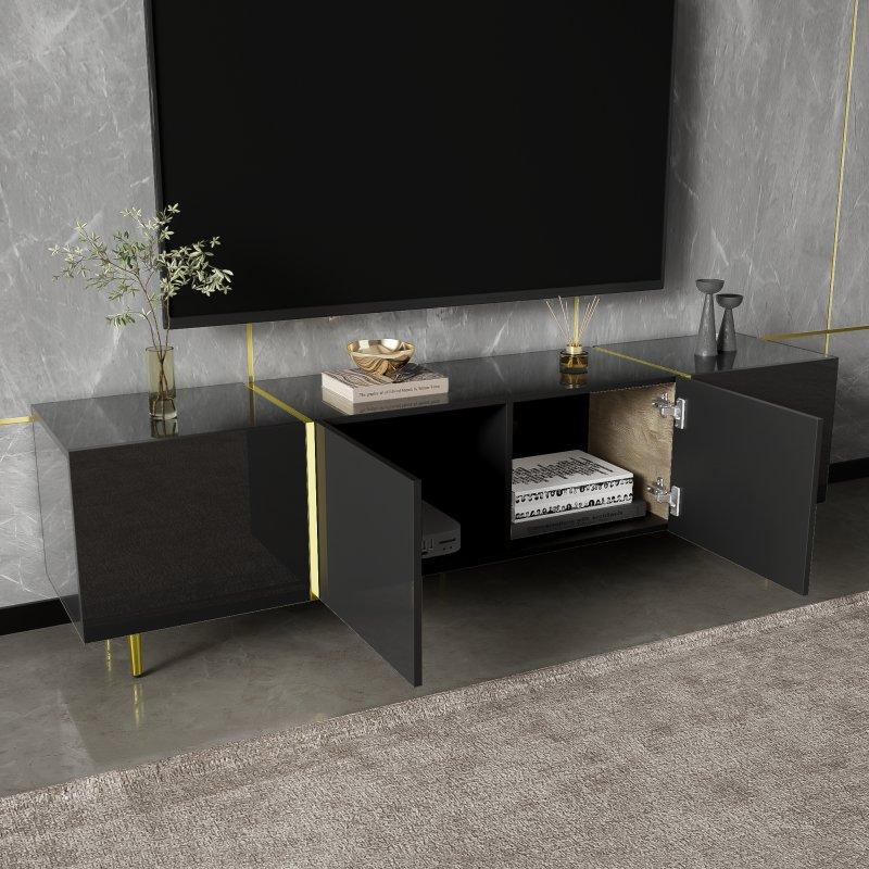 Altın Detaylı Parlak Siyah TV Sehpası 170 cm
