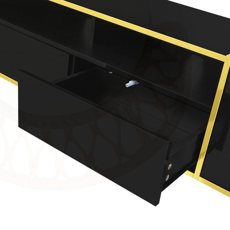 Altın Detaylı Siyah Endüstriyel Ahşap TV Ünitesi 180x40x45 cm - 79330