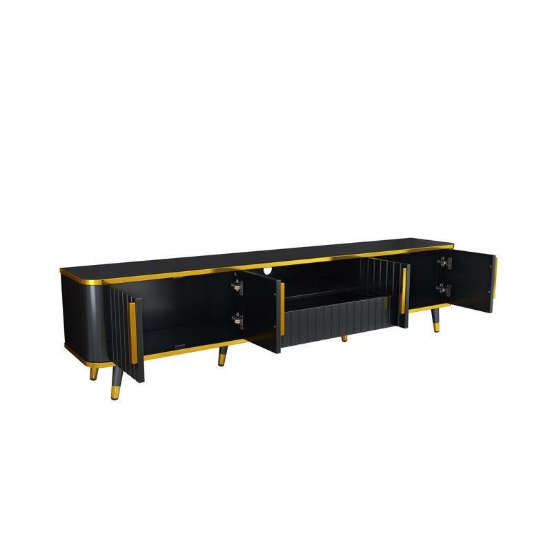 Altın Detaylı Siyah TV Ünitesi 200x35x48 cm Açık Raflı Depolama Alanı ile - 79399