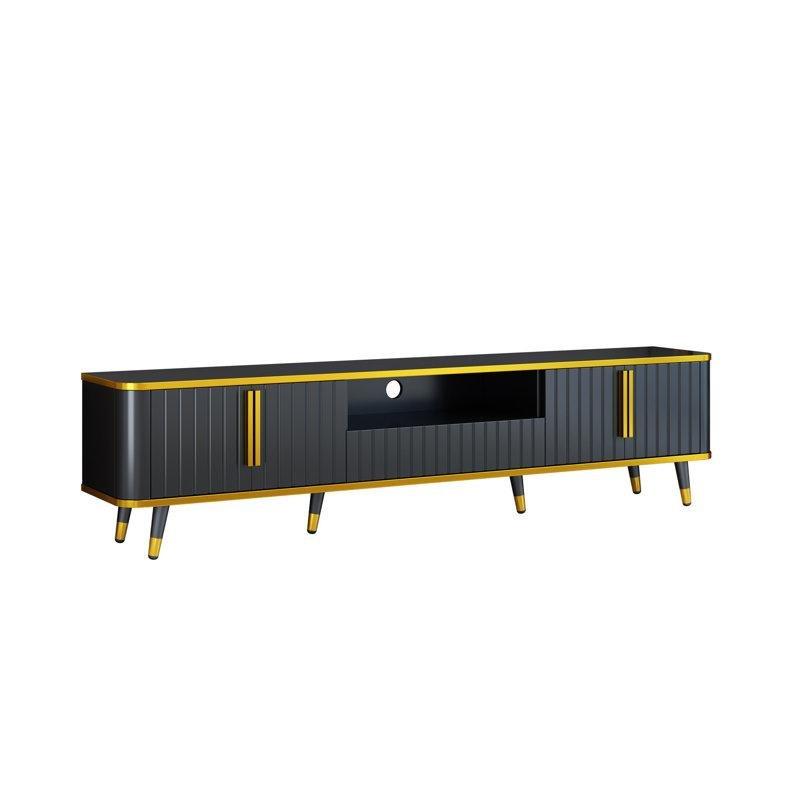 Altın Detaylı Siyah TV Ünitesi 200x35x48 cm Açık Raflı Depolama Alanı ile - 79399