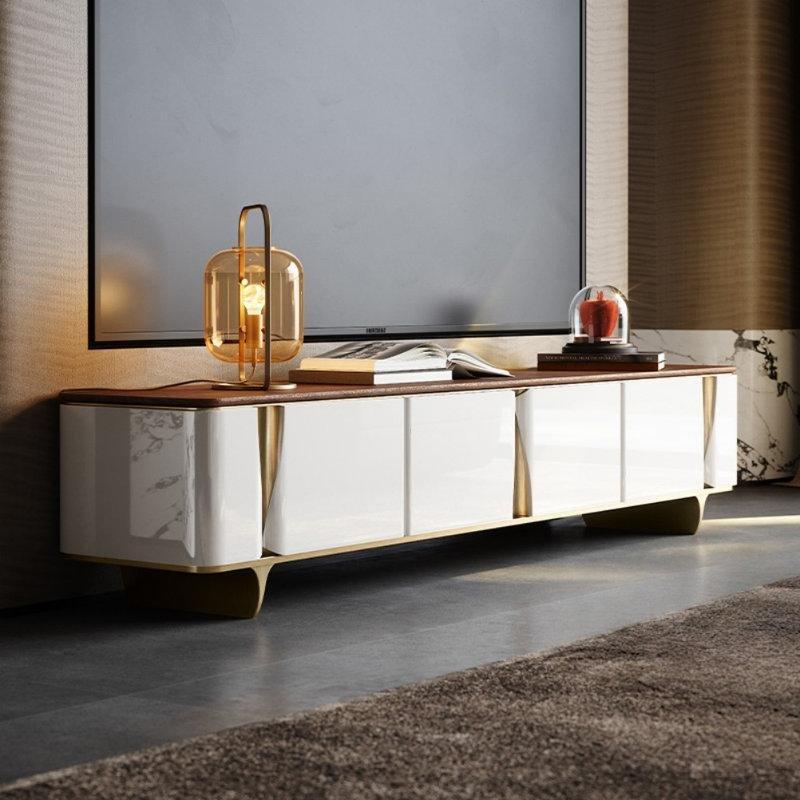 Altın Metal Ayaklı Beyaz Endüstriyel Ahşap TV Ünitesi 200x43x46 cm - 79315