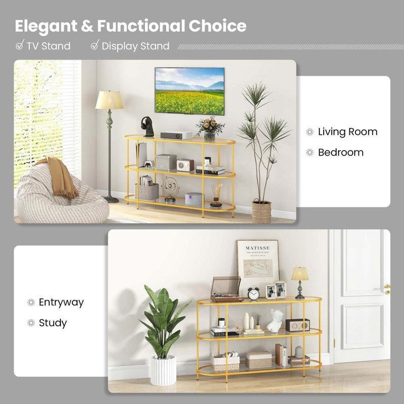 Altın Rengi Metal Çerçeveli Üç Katlı Cam TV Ünitesi 140x41x83 cm - 79411