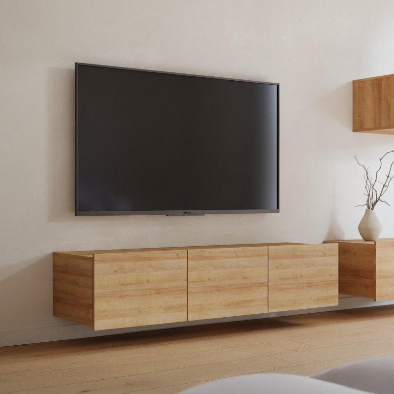 Altın Renginde Endüstriyel Ahşap TV Ünitesi 150x34 cm Asılı veya Ayaklı Montajlı - 78928