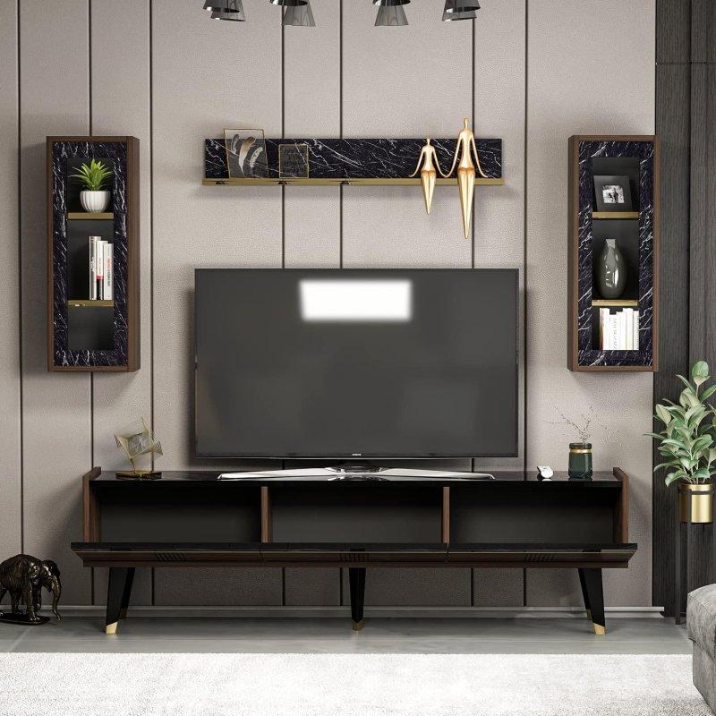 Antrasit Detaylı Ceviz Ahşap TV Ünitesi 160 cm