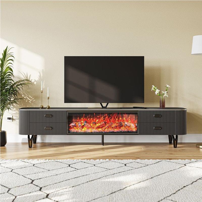 Antrasit Gri Elektronik Şömineli Geniş TV Ünitesi 200 cm