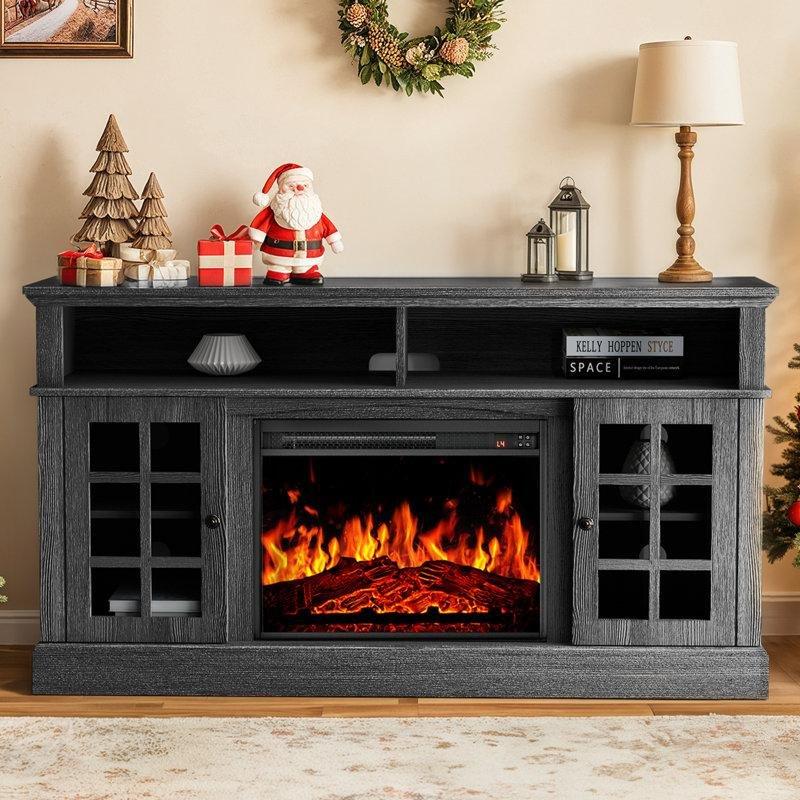 Antrasit Gri Endüstriyel Ahşap Şömineli TV Ünitesi 70 İnç Ekran Uyumlu