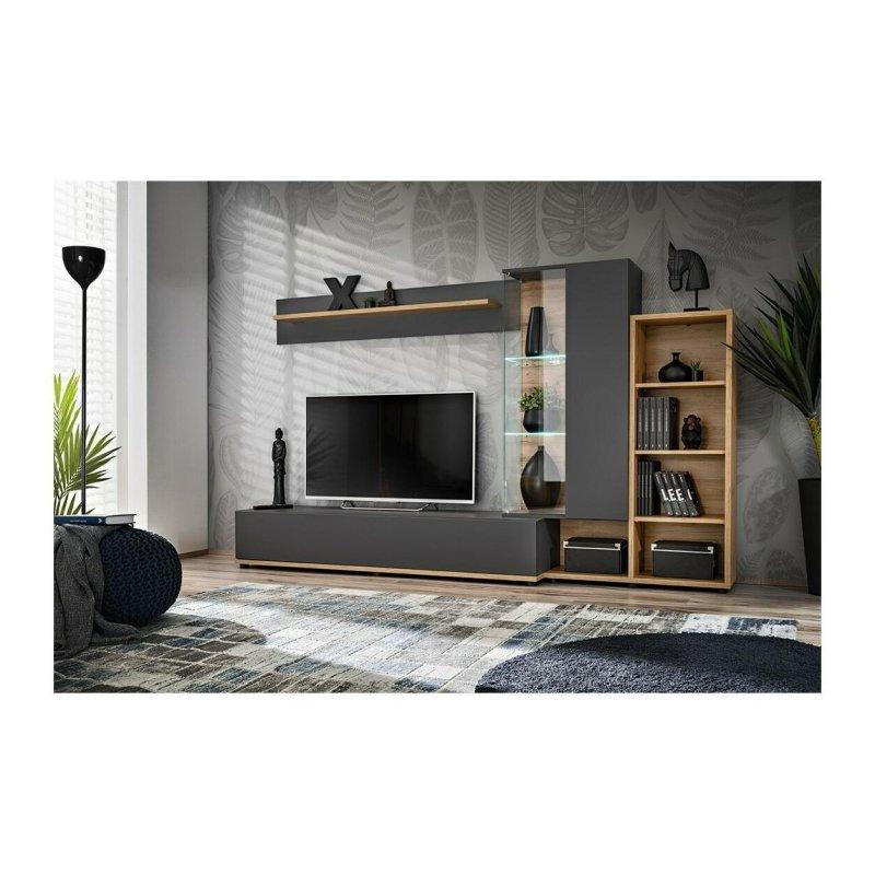 Antrasit Gri ve Meşe Ahşap Modern TV Ünitesi 240 cm