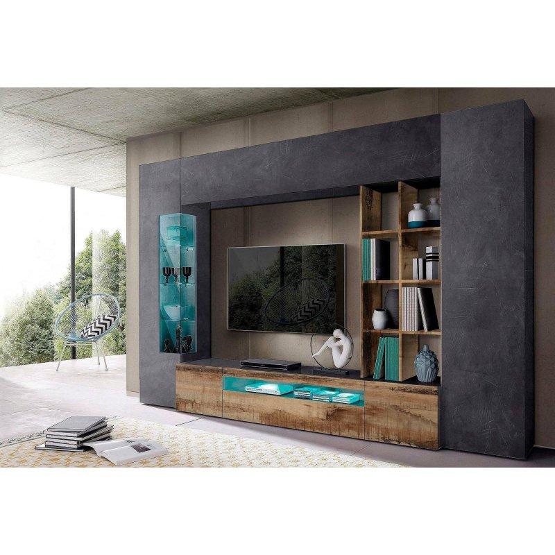 Antrasit Gri ve Meşe Ahşap Modern TV Ünitesi 290 cm