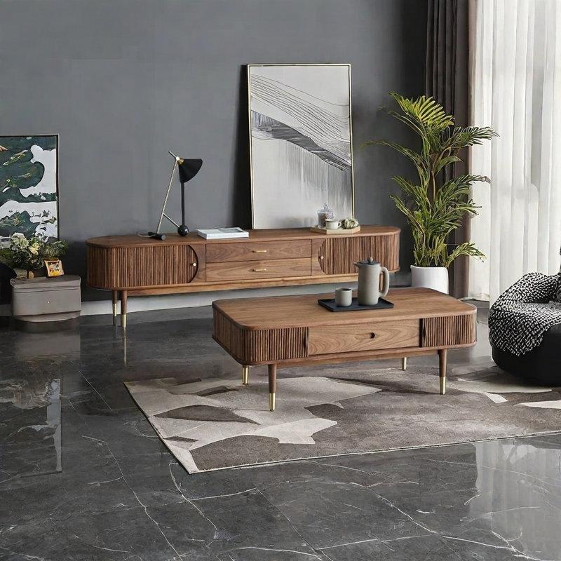 Bakır Ayaklı Ahşap TV Ünitesi ve Orta Sehpa Takımı 120x40 cm - 79810