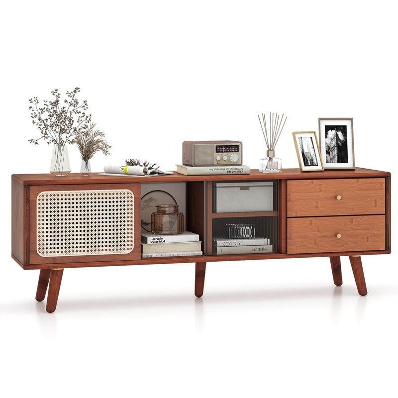 Bambu Yapılı Kahverengi TV Ünitesi 140x30x45 cm PE Rattan Kapılı 2 Çekmeceli