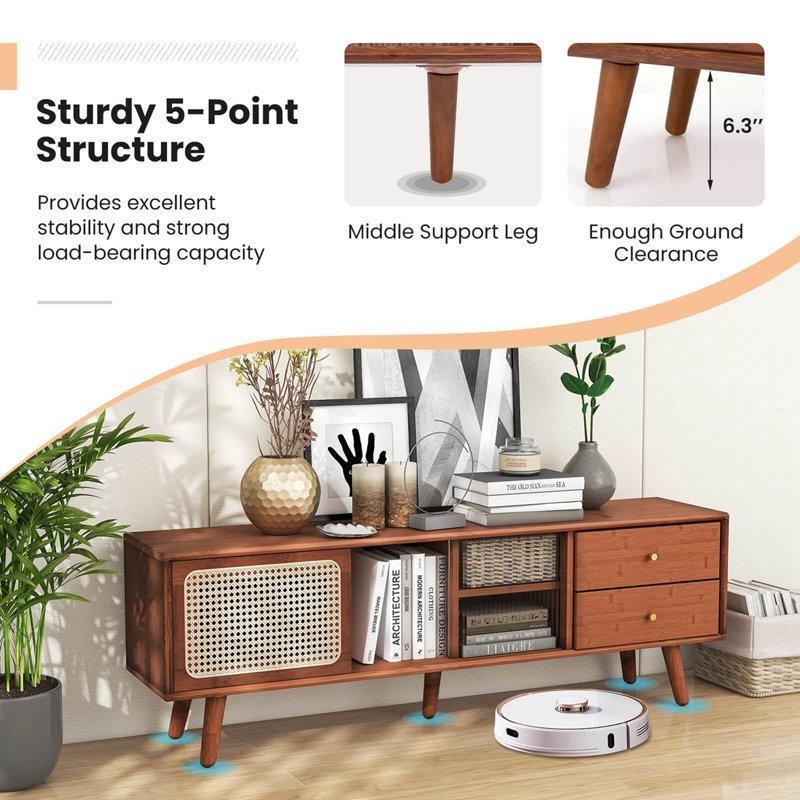 Bambu Yapılı Kahverengi TV Ünitesi 140x30x45 cm PE Rattan Kapılı 2 Çekmeceli