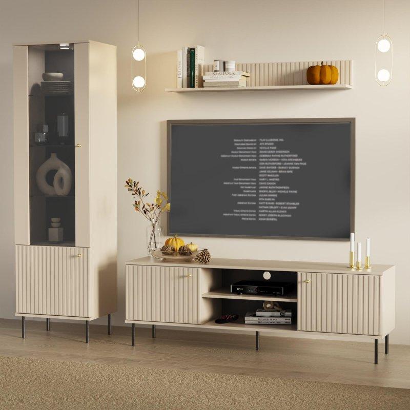 Beige Lameli TV Ünitesi 160x53 cm Altın Detaylı - 78946