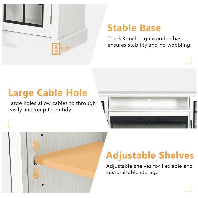 Beyaz Ahşap Çift Camlı Şömineli 180 cm TV Ünitesi