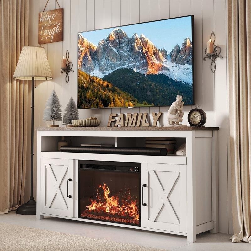 Beyaz Ahşap Çiftlik Evi Tarzı Şömineli 150 cm TV Ünitesi