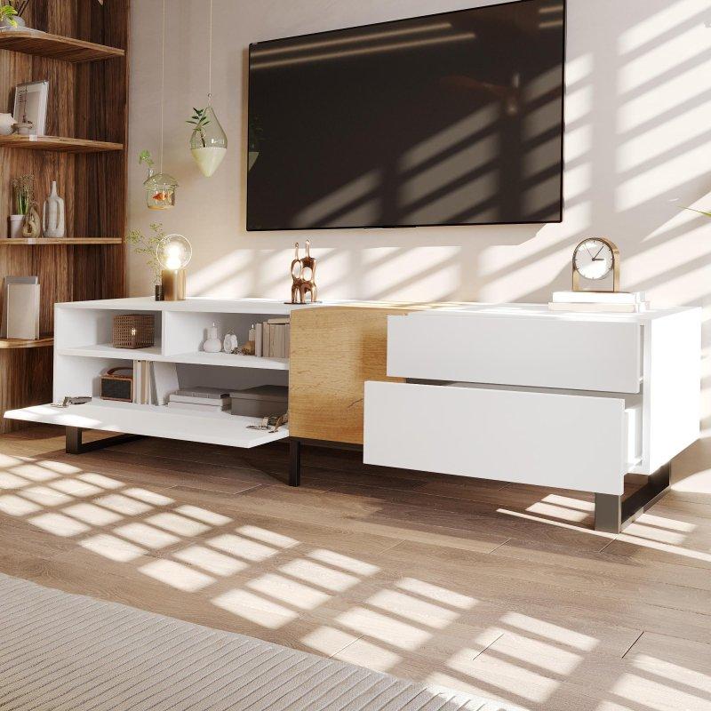 Beyaz Ahşap Metal Ayaklı 180 cm TV Sehpası
