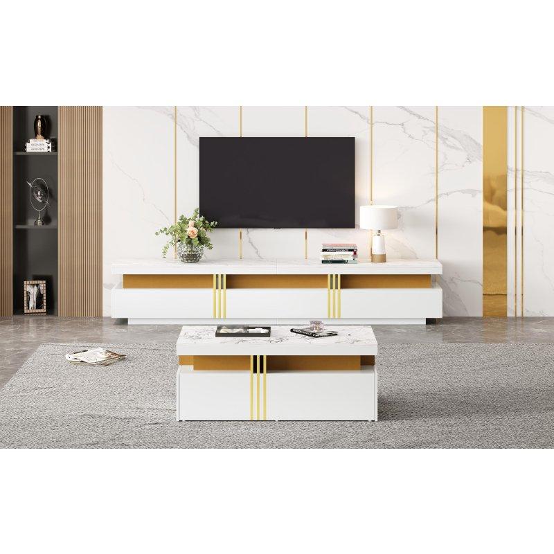 Beyaz Altın Şeritli Modern TV Sehpası ve Orta Sehpa Takımı