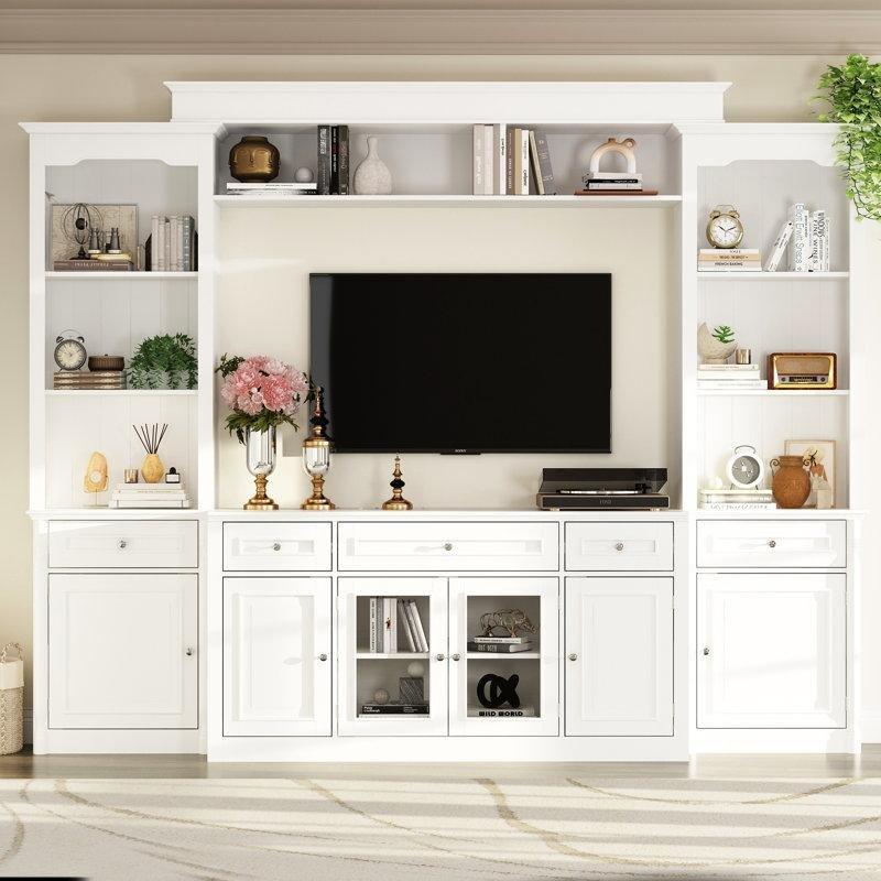 Beyaz Camlı Kitaplıklı 210 cm TV Ünitesi