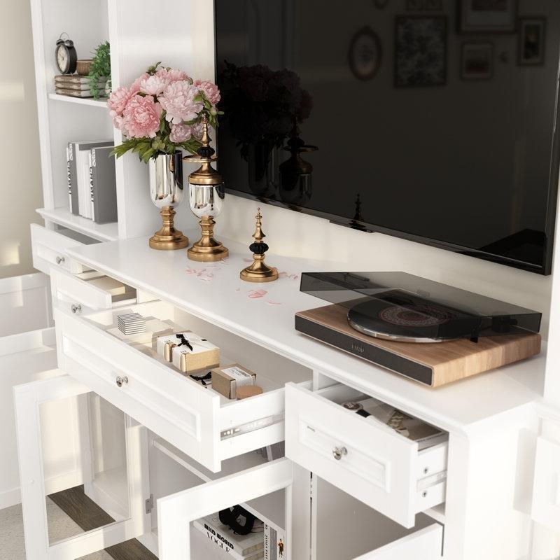 Beyaz Camlı Kitaplıklı 210 cm TV Ünitesi