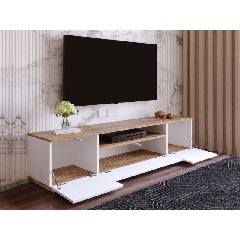 Beyaz Doğal Ahşap Detaylı 180 cm TV Sehpası