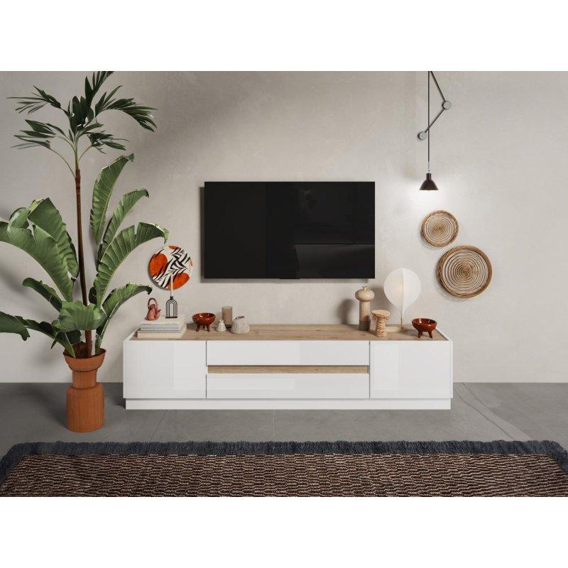 Beyaz Doğal Ahşap Detaylı 204 cm TV Sehpası