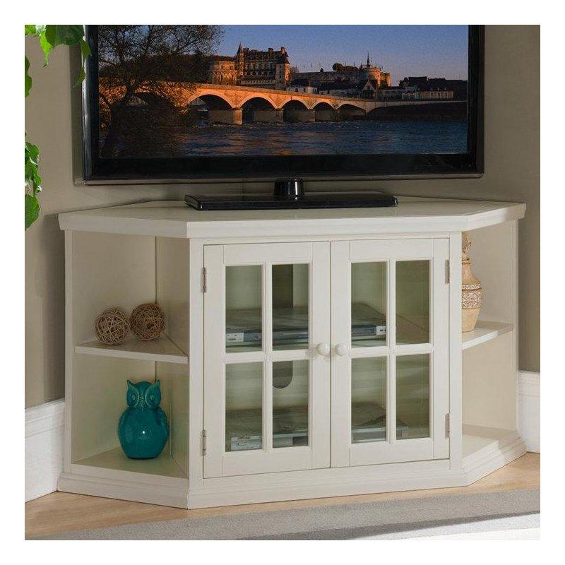 Beyaz Endüstriyel Ahşap 117 cm Köşe TV Ünitesi Cam Kapılı ve Açık Raflı