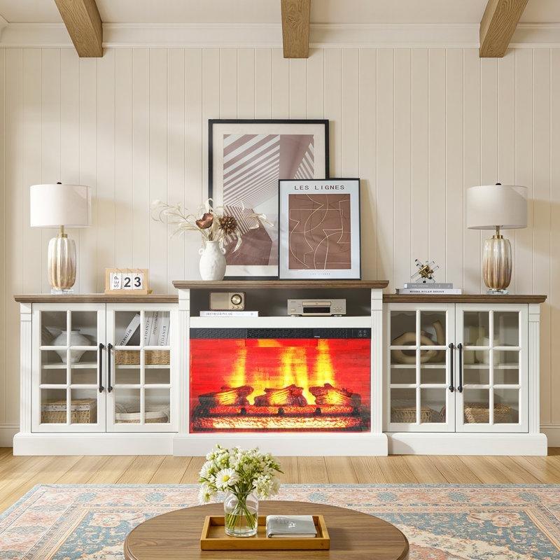 Beyaz Endüstriyel Ahşap 246 cm Çiftli Dolaplı Elektrikli Şömineli Country TV Ünitesi - 80131