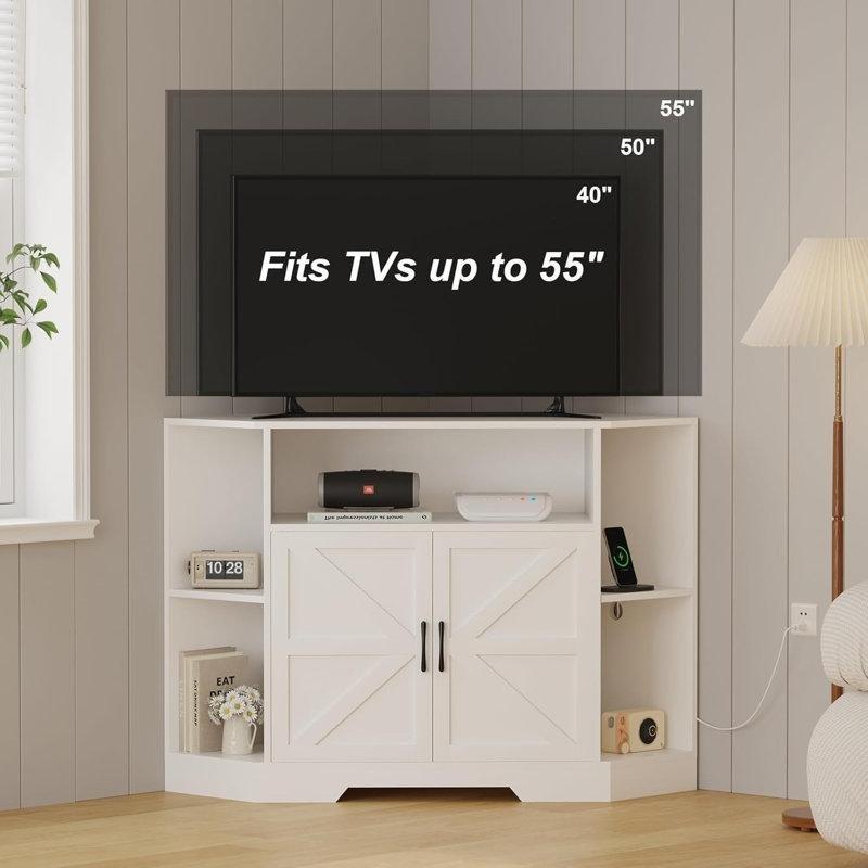 Beyaz Endüstriyel Ahşap 55 İnç Köşe TV Ünitesi Kapılı Depolama ve Güç Çıkışlı