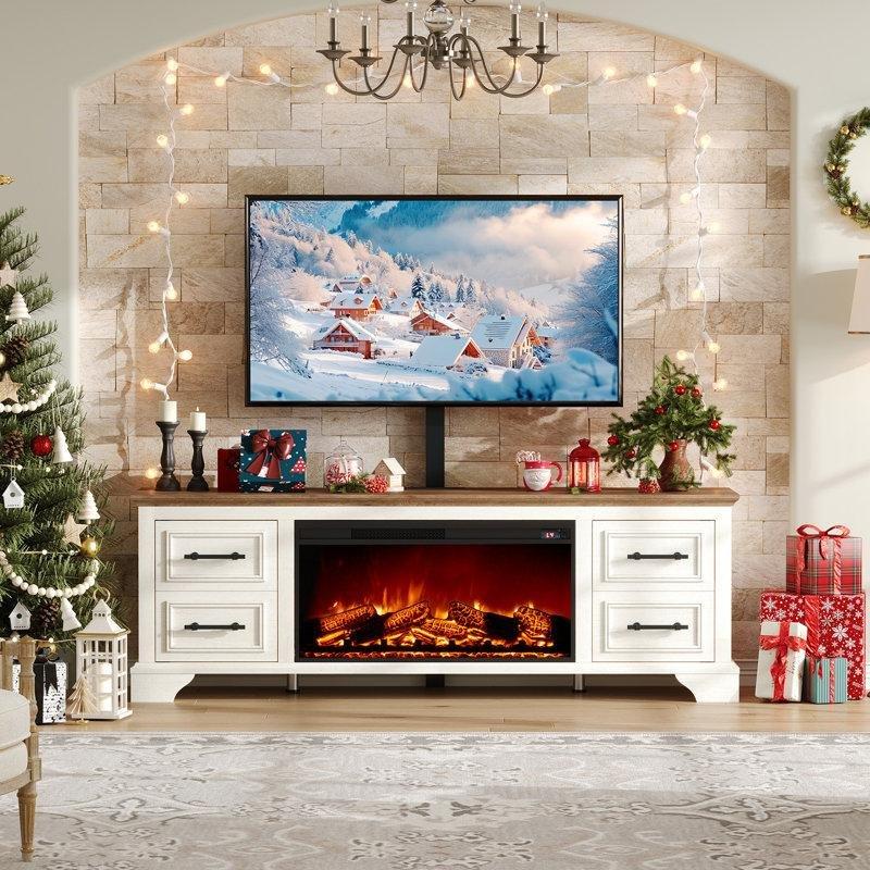 Beyaz Endüstriyel Ahşap 70 inç Elektrikli Şömineli country Tarzı TV Ünitesi - 80080