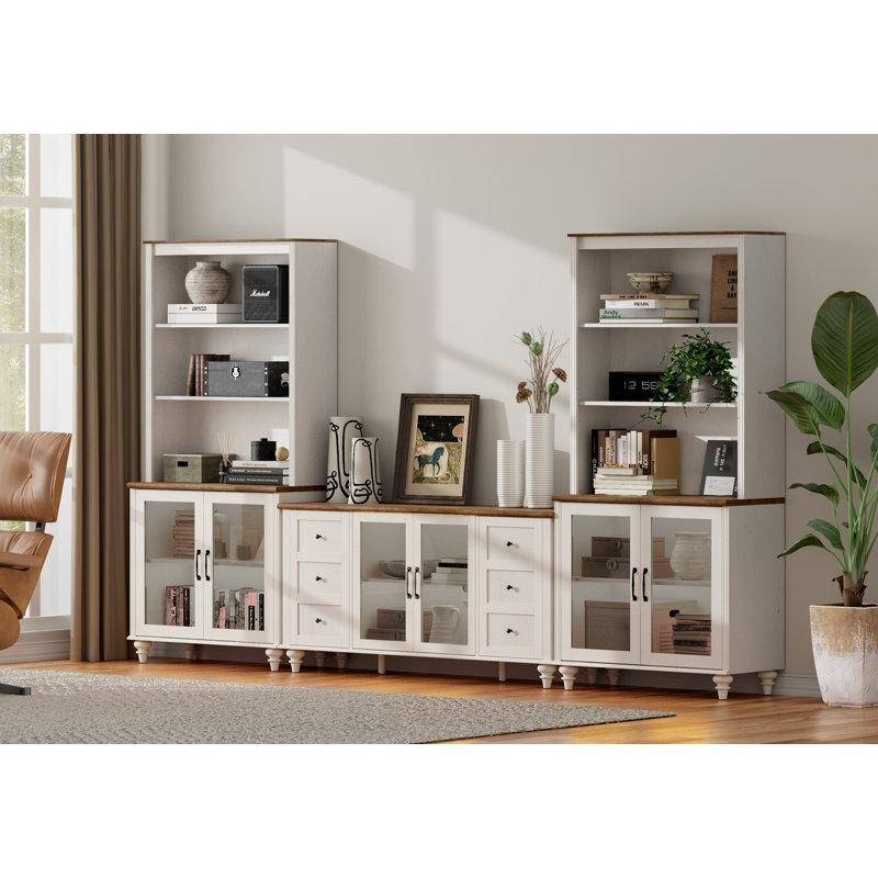 Beyaz Endüstriyel Ahşap Dolaplı TV Ünitesi 183x320 cm Kitaplıklı Cam Kapılı - 78769