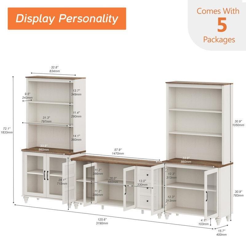Beyaz Endüstriyel Ahşap Dolaplı TV Ünitesi 183x320 cm Kitaplıklı Cam Kapılı - 78769